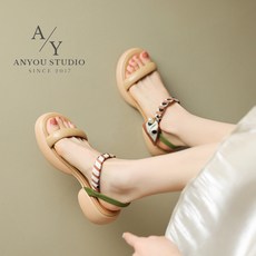 ANYOU 가죽 샌들 여자여름샌들 라운드 통굽 오픈토 샌들굽 4.5cm 가죽