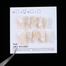 GUEFOON 蝴蝶花朵穿戴甲貼片, 1個, 茶色冰晶山花（長梯款）:XS（7567）