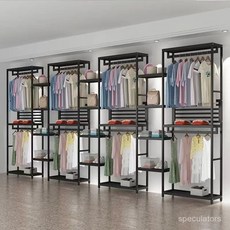 服裝店展示架 雙層落地式男女裝衣服掛衣架 陳列架 簡約衣帽貨架組閤, 黑色,A款組合長300*40*240