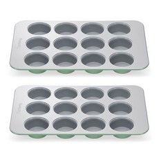 카라웨이 논스틱 세라믹 12컵 머핀 팬 - 자연스러운 슬릭 코팅 무독성 PTFE 및 PFOA 프리 컵케이크 등에 적합 마리골드, Sage, 2x Muffin Pan (12 Cup)