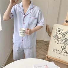 簡約條紋睡衣男款夏季薄款，翻領寬鬆休閒可外穿，舒適透氣家居服套裝