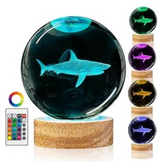 3D 상어 크리스탈 볼 야간 조명 원격 실물 같은 8.9cm(3.15인치) 바다 동물 유리 램프 생일 휴일을 위한 16가지 색상 LED 나무 베이스 멋진 장난감 방 장식, 1