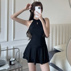 女款高級感裙式連身泳衣 露背顯瘦 溫泉游泳適用, L