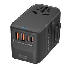 100W GaN 萬國旅行充電器 USB-C 充電頭, 黑色, 1個, HHT907*氮化鎵65W*伸縮線