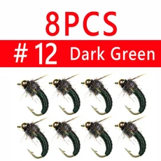 비무 8개 # 12 # 14 황동 구슬 머리 빠른 싱킹 요정 스커드 플라이 버그 웜 송어 낚시 파리 인공 곤충 낚시, 09 8pcs sz12 Dk Gn