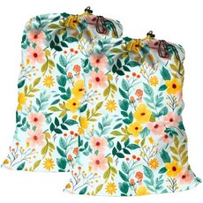 헤비듀티 폴리에스터 천탁 및 보관 가방 45x65cm - 끈 잠금 장식 재사용 가능한 드로스트링 백 더러운 옷 장난감 여행용 다목적 - 스토리지 오거나이저 빨래백, 2개, 봄꽃