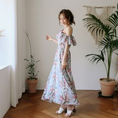 VERAF 掛脖式露肩花朵圖案連身長裙 332H