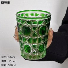 DFMEI 復古菱格綠寶石玻璃杯輕奢水花威士忌酒杯啤酒杯水杯咖啡杯, 1個