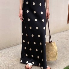 설온 여성 하이웨스트 땡땡이 도트 밴딩 편안한 롱 새틴 스커트