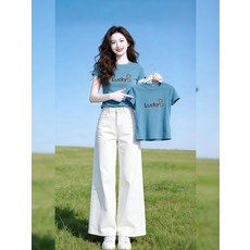 라운드넥 여름 반팔 티셔츠 여성 면 슬림핏 데일리, 1. 블루 베이직, XL