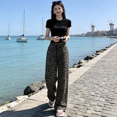 여성 반팔 탑 프린트 와이드 바지 투피스 사계절 캐주얼 슈트 SS54Z2J42M 슈슈1