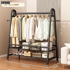 DFMEI 牀邊簡易掛衣架落地臥室內家用衣帽架可移動客廳陽臺曬晾衣服架子, 曜石黑-長120*高150丨升級雙層置物網籃【加粗22管】