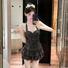 투니스 여성 폴카 도트 슬림 웨이스트 홀터넥 전신 수영복, 블랙