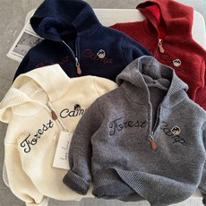 兒童毛衣2025瞇瞇眼鼕季新品男女童連帽卡通針織衫寶寶半拉鏈開衫