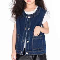 로르카 14세 이상 사용 가능 아동용 라운드넥 버튼 포켓 데님 캐주얼 루즈핏 조끼 V01033013