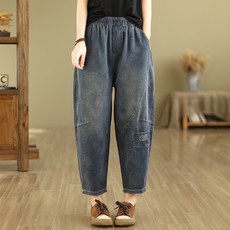 여성용 데일리 빅사이즈 허리밴딩 와이드 포켓 청바지 캐주얼 9부 데님 배기팬츠
