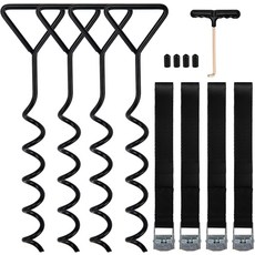 트램펄린 타이 다운 앵커 키트 코르크스크류 셰이프 스틸 스테이킹 하이 윈드 헤비 듀티 트램펄린용 T 훅 스파이럴 그라운드 스테이킹4종 세트
