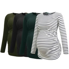 Smallshow 여성용 4팩 임산부 셔츠 긴소매 주름 장식 임산부 의류 상의 아미 그린-블랙-딥 그린-화이트 스트라이프(4팩) XL