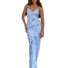 여성 빈티지 스파게티 스트랩 맥시 드레스 로우 컷 백리스 꽃 새틴 슬립 롱 드레스 Y2k Bodycon Dresses Blue XS