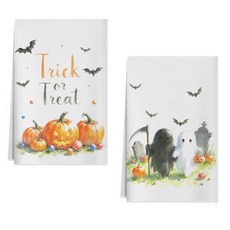 Plalely 할로윈 주방 타월 2개 세트 40.6 x 61cm(16 24인치) 호박과 으스스한 고양이 접시 핸드 타월 장식용 및 행주 세트, 화이트