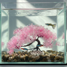 온칸 소형 인조 수초 벚꽃 핑크 나무 구피 베타 열대어 은신처 트리, 1개