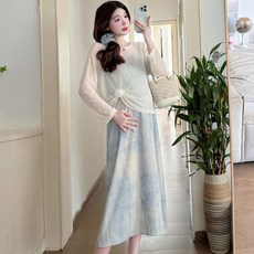 봄 가을 임산부 원피스 세트 캐주얼 패션 임부복 루즈핏 임부 투피스 세트 기질 바캉스룩 긴팔 래쉬가드 가디건 + 나시 원피스 투세트 WXY