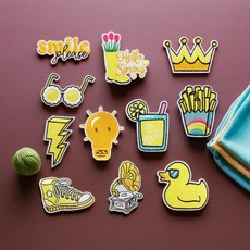 꾸꾸 자수 수선패치 열접착식 와펜 11종 세트, 노랑 빈티지