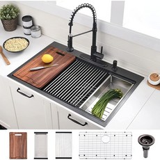 83.8cm(33인치) 드롭 인 주방 싱크 워크스테이션 폭포 블랙 - VOKIM 83.8x55.9cm(33x22인치) 스플래시 가드 스테인리스 스틸 16게이지 싱글 볼 탑 로딩, 30"L x 22"W x 10"D