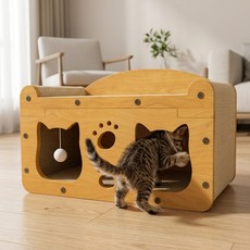 시꼬몽스 고양이 2층 숨숨집 하우스형 스크래쳐 캣하우스, 1개, 우드톤