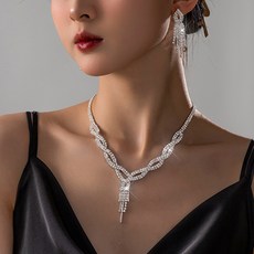 FANSYLI 신부 주얼리 세트 여성 큐빅 테슬 목걸이+귀걸이 투피스 블링블링 파티 드레스 주얼리 세트 W2508A11