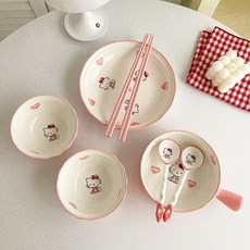 고양이 캐릭터 가정용 도자기 식기 세트, 밥그릇 2개+접시+ 손잡이그릇 +수저 2개