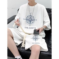 夏季潮流休閒運動套裝 新款短袖短褲 港風復古潮牌寬鬆男裝