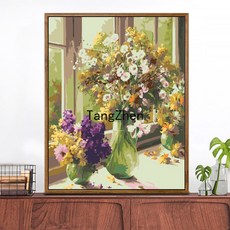 【TangZhen】유화그리기 유화그리기세트 diy 디지털 유화 가방 우편 거실 성인 어린이 손으로 채색 유채화 수제 장식 창문 앞 풍경, 40*50 어셈블리 외곽선(색상 노트) 추가, H1095 창턱의 꽃병, 1개