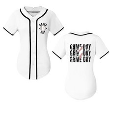 여성용 야구 저지 경기 날 셔츠 브이넥 버튼 다운 반소매 소프트볼 귀엽고 재미있는 스포츠 상의 화이트. L, 화이트