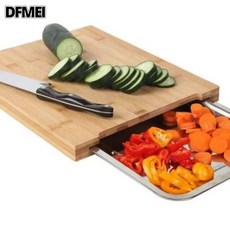 DFMEI 木質廚房抽拉式砧板帶不鏽鋼托盤切菜板木質水果蔬菜西餐牛排砧板, 1個, 方形