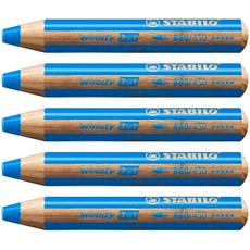 STABILO 우디 3 in 1 멀티 탤런트 점보 펜슬 5개 - 블루 (880/425), 시안 블루