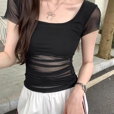 망사패치 네크 반팔티 여성 슬림핏 어깨라인 섹시 데일리룩 ZH1542