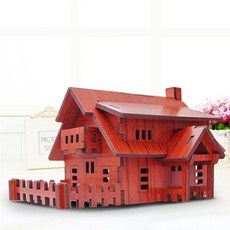 台灣熱銷木質3D立體拼圖：闆手工製作建築模型玩具房子生日禮物作業1213, 1個, 西式小屋-紅木圖紋