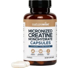 네이처와이즈 미세화 크레아틴 모노하이드레이트 알약 1회 제공량당 2500mg - 여성 및 남성용 순수하고 무향이며 제지방 근육량 지구력을 지원합니다 60캡슐 30일 공급, 1세트