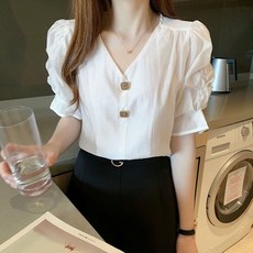 유니픽 여성 봄 디자인 V넥 반팔 셔츠 신축성 있는 퍼프소매 더블 버튼 블라우스zdy