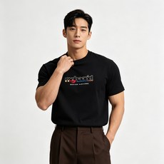 남성용 대비색 세그먼트 컬러 레터 자수 가슴 패치워크 영문 스몰 로고 루즈 드롭숄더 반팔 티셔츠