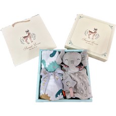 精美彌月禮盒套裝：紗布巾、大象玩偶、固齒器、安撫巾，新生兒寶寶生日禮物首選, 竹纖紗彌月禮盒【水墨恐龍+安撫娃娃】安撫娃娃, 1個