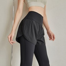 健身長褲假兩件口袋跑步運動健身褲女2023新款彈力收腹高腰瑜伽褲