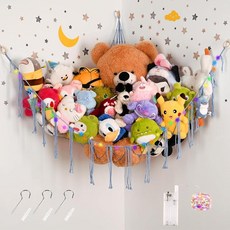 LED 조명이 있는 대형 봉제 동물 해먹 코너 인형 보관을 위한 면 로프 코너 네트 정리용 장난감 해먹 아기 아기방 침실 장식XL-블루 298002, LED 조명이 있는 대형 봉제 동물 해먹 코너, 인형