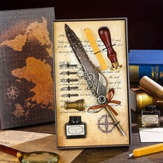 復古風機械羽毛筆沾墨書寫套組, 灰飄十件套, 1個裝