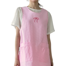 리본자수 지지미 앞치마 단추형 원피스 예쁜 유치원 어린이집 선생님 보육교사 요양보호사 아이돌보미 교사 실습 앞치마 린다스 에이프런샵, 1개, 일반_핑크