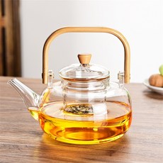 내열 고붕소 실리콘 유리 찻주전자 900ml 유리 여과망 천연 대나무 손잡이 가정과 식당 찻주전자, 1개, 0.9L, 투명