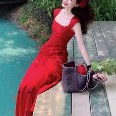 Yellwell섹시한 레드 슬림 롱 원피스 여성 드레스LST