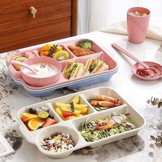 【開發票/統編】小麥稭稈分格餐盤 - 成人/學生適用 可微波 防燙易清洗 寶寶學習餐盤環保材質, 北歐米,加深餐盤【6件套】盤+碗+筷勺+水杯+味, 1個