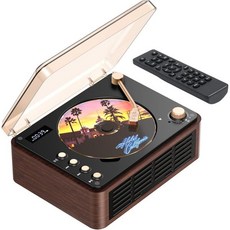 스피커가 포함된 CD 플레이어 가정용 복고풍 휴대용 블루투스 지원 하이파이 베이스 부스트 3600mAh 배터리 LCD 화면 상단 적재 방식 USB보조 입력 FM 라디오 월넛 브, Walnut Brown